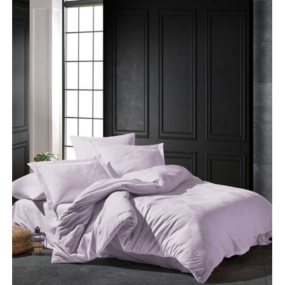 Ensemble de housse de couette double en satin de luxe, 100% coton, jacquard, housse de couette 78,7 po x 86,6 po, drap plat 94,5 po x 102,4 po, comprend 2 taies d'oreiller standard et 2 taies d'oreiller Oxford en lilas élégant | Doux et respirant pour plus de confort
