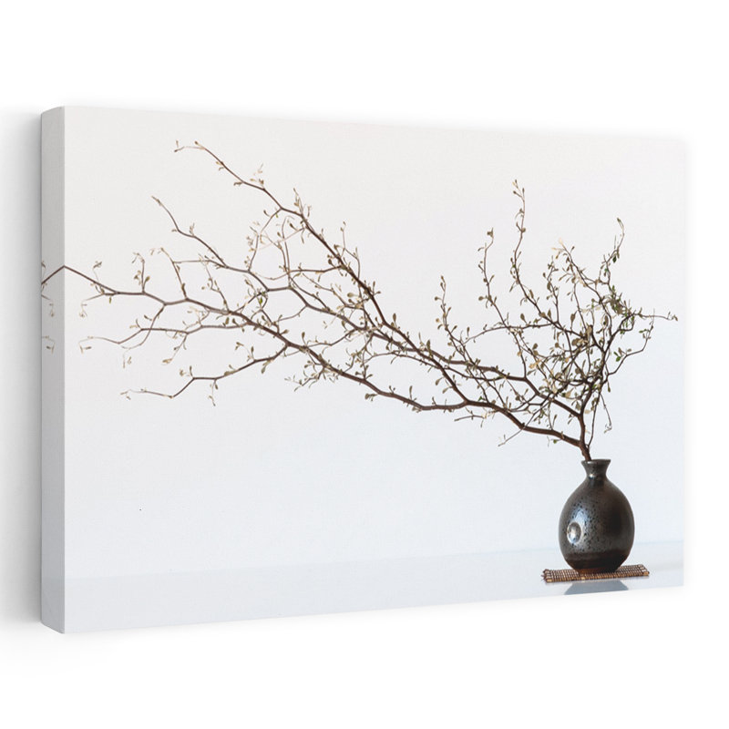Vase And Branch Minimalist Abstract Spring Wall Art Print 1 Piece Wrapped Canvas Wall Art, 60.96cm H x 91.44cm W