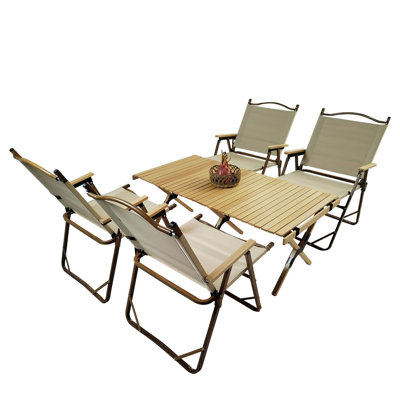 Foldable Dining - 1 Table & 4 Chairs. Indoor And Outdoor Universal. Natural Wood With Aluminum Frame Canvas Seat Easy To Transport. Ideal For Camping, Fishing, Road Trips. 2 Cartons Multi Chairs,