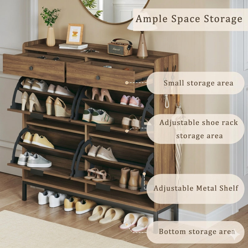 4 Flip Drawers Rattan Shoe Storage Cabinet Shoe Organizer