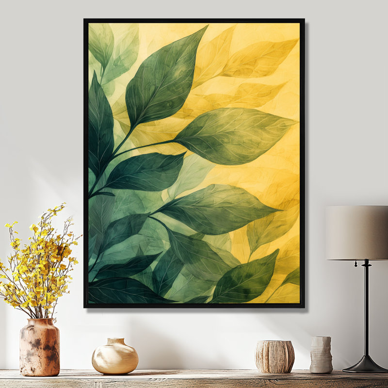 Feuillage vert et jaune, feuilles, collage III - feuilles, art mural, Noir, Reproduction avec cadre flottant