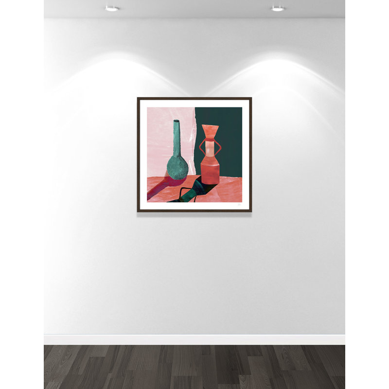 Imprimé vases sarcelle et terracotta par Violets Print House, 32'' W x 32'' H, Impression encadrée, Grain de bois noyer