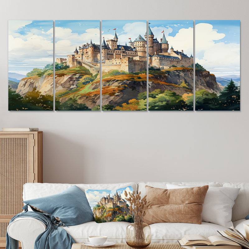 «Antique Castle In The Mountains Harmony - Castles», art mural 5 pièces pour le salon, H 28 po x l 60 po