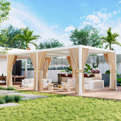 Outdoor Aluminum Louvered Pergola With Adjustable Roof And Curtains