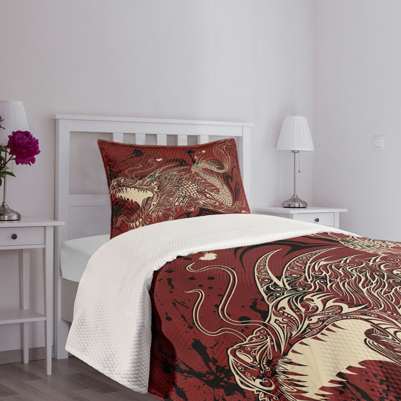 Twin White Quilted Bedspread Set with Dragon Design