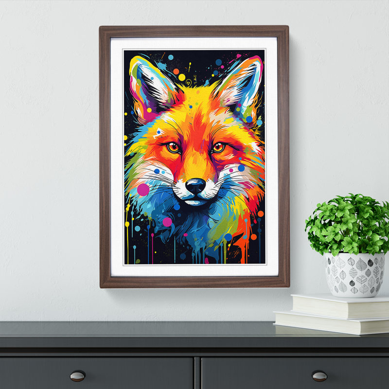 Fox Pop - Single Picture Frame Print on Wood, Walnut Framed, 64cm H x 46cm W