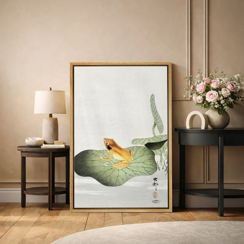 Illustration de grenouille japonaise sur feuille de lotus, images d'animaux minimalistes, impression sur toile encadrée