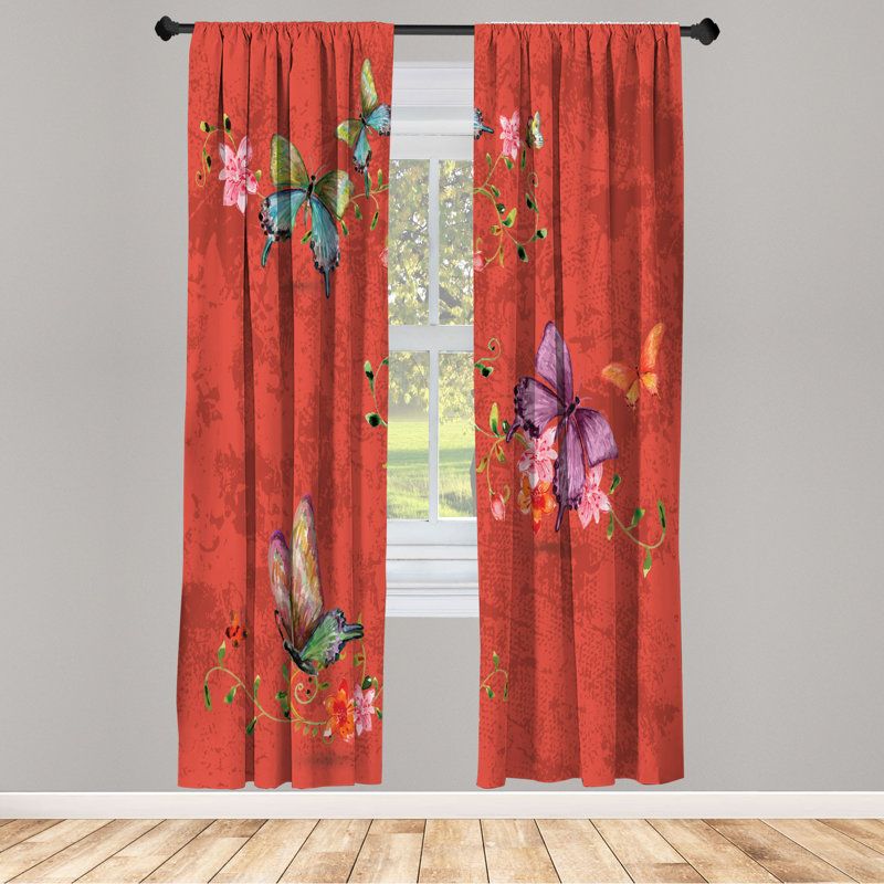 Microfiber Floral Semi-Sheer Rod Pocket Curtain Panels, 28" W x 95" L, Red/Violet/Orange