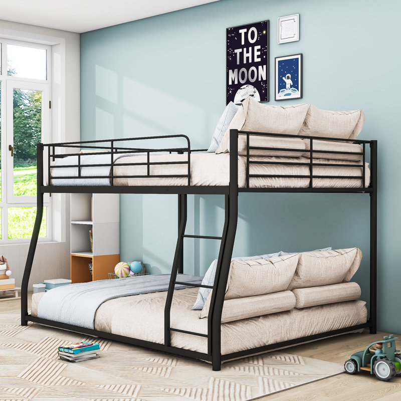 Metal Bunk Bed With Ldder,Slats And Guardrail, Full XL Over Queen