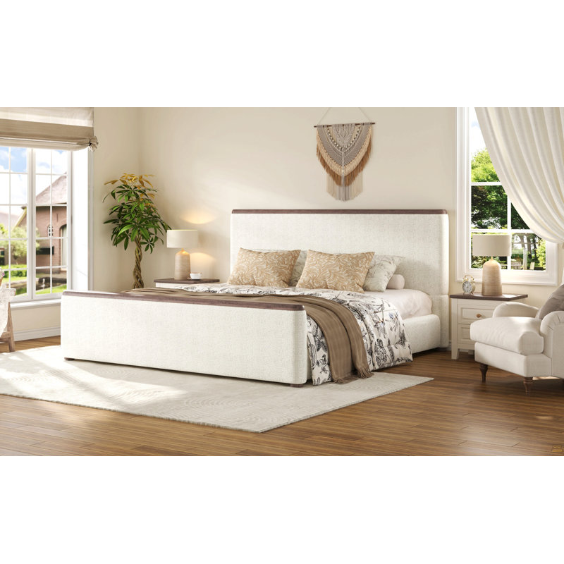 Très grand lit plateforme tapissier avec décoration en bois, blanc, White