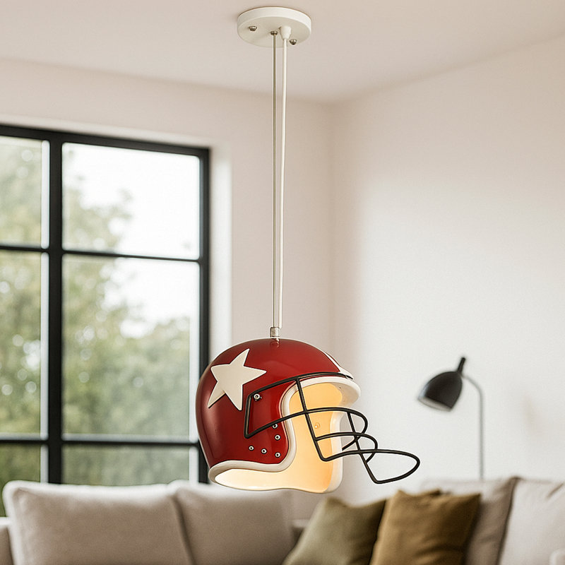 Lustre en forme de casque Creative blanc + rouge + noir masque en fer réglable en hauteur personnalisable pour la salle à manger et la chambre à coucher (ampoule incluse)