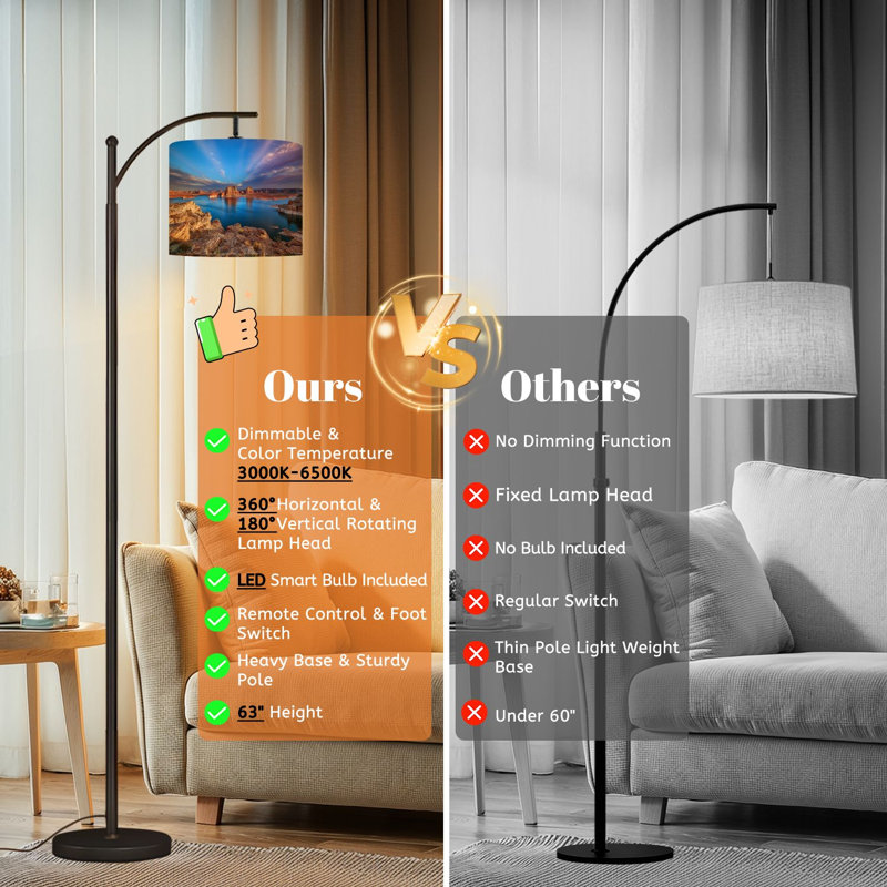 Arc Floor Lamp with Adjustable Lampshade landscape Lake Powell Standing Lamp 3 Color Temperatures Dimmable Tall Pole Lamp with Foot Switch for Bedroom