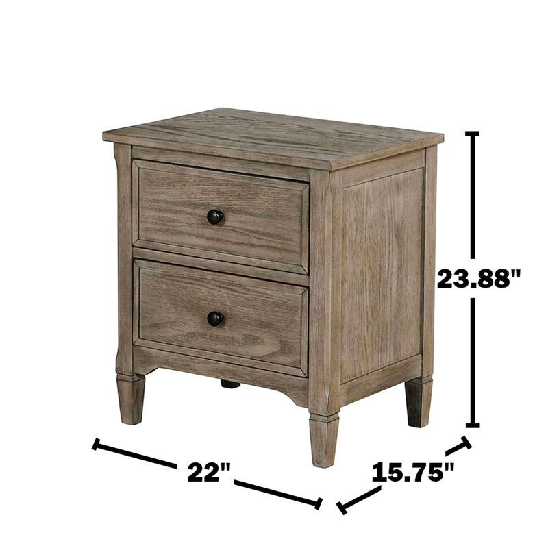 Table de chevet 2 gris chaud brossé au fil de fer, poignée ronde en bronze, bois massif et, parfaite pour la chambre à coucher, rangement à deux tiroirs, texture grain, petits espaces compacts, 22,48 po de profondeur, 16,03 de largeur, 24,26 de hauteur, 44,7 po