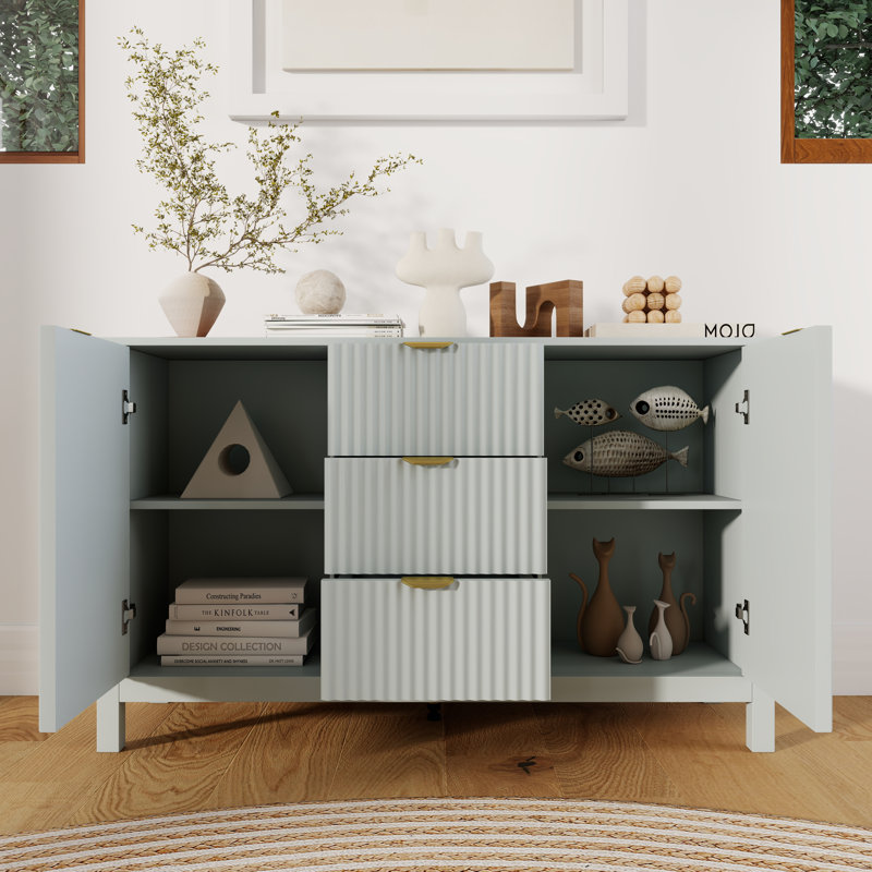 Wood Storage Sideboard With Three-Dimensional Relief Striping Doors,47'',Adjustable Shelves And Drawers,Modern Minimalist Style