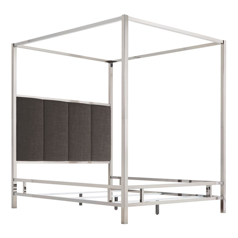 Upholstered Metal Canopy Bed, Chrome Metal/Dark Gray, Full