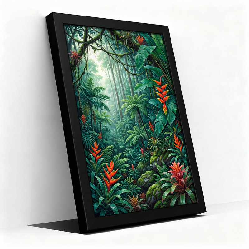 Art mural sur toile dense forêt tropicale avec fleurs orange et fougères vertes, H 24 po x l 16 po