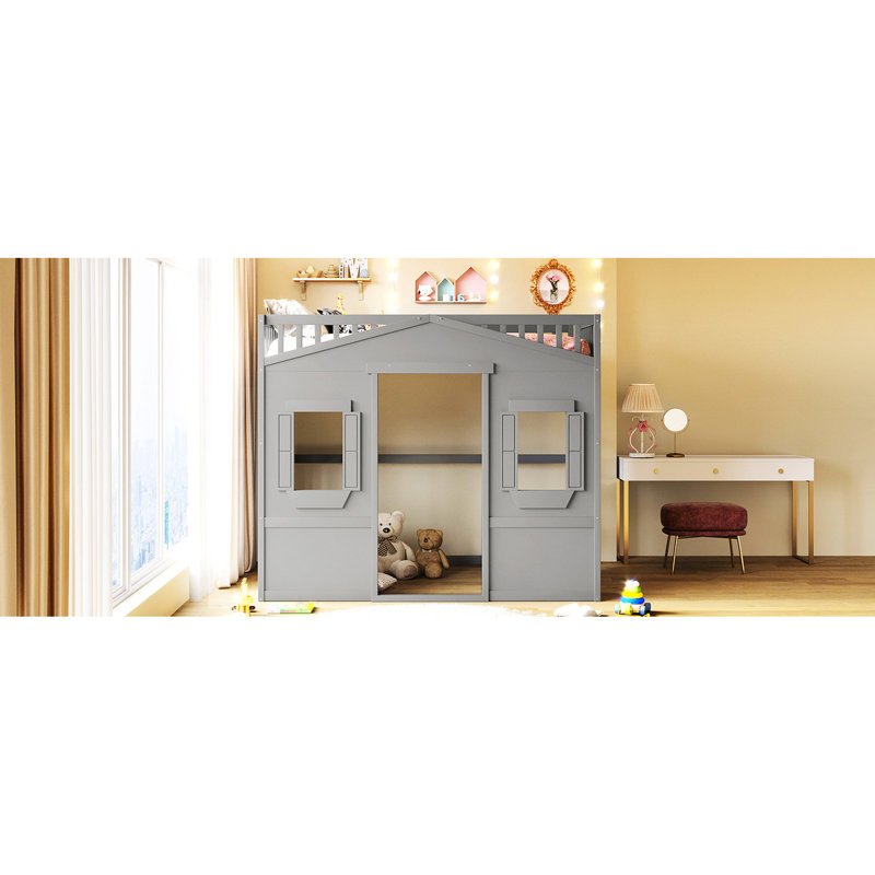 Lit mezzanine double avec - Gris, fait de bois massif pour la longévité gris, offrant une solution de chambre à coucher à la mode