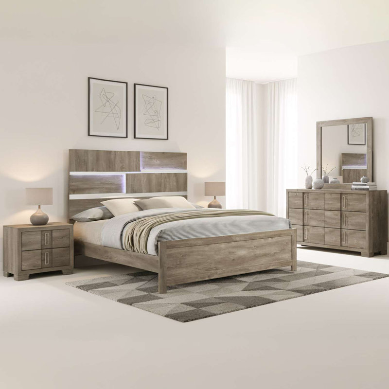 Ensemble de chambre pour grand lit avec lit à panneau à DEL, commode, miroir encadré et table de chevet en brun clair pour les chambres contemporaines et modernes