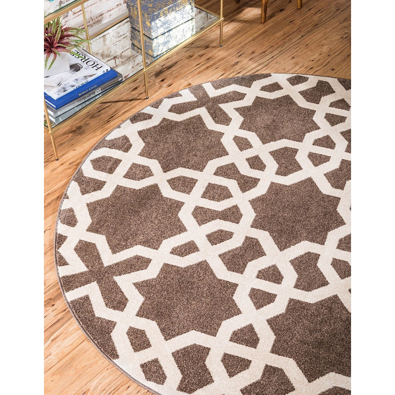Tapis à motif géométrique brun Theodora, Rond 8 pi