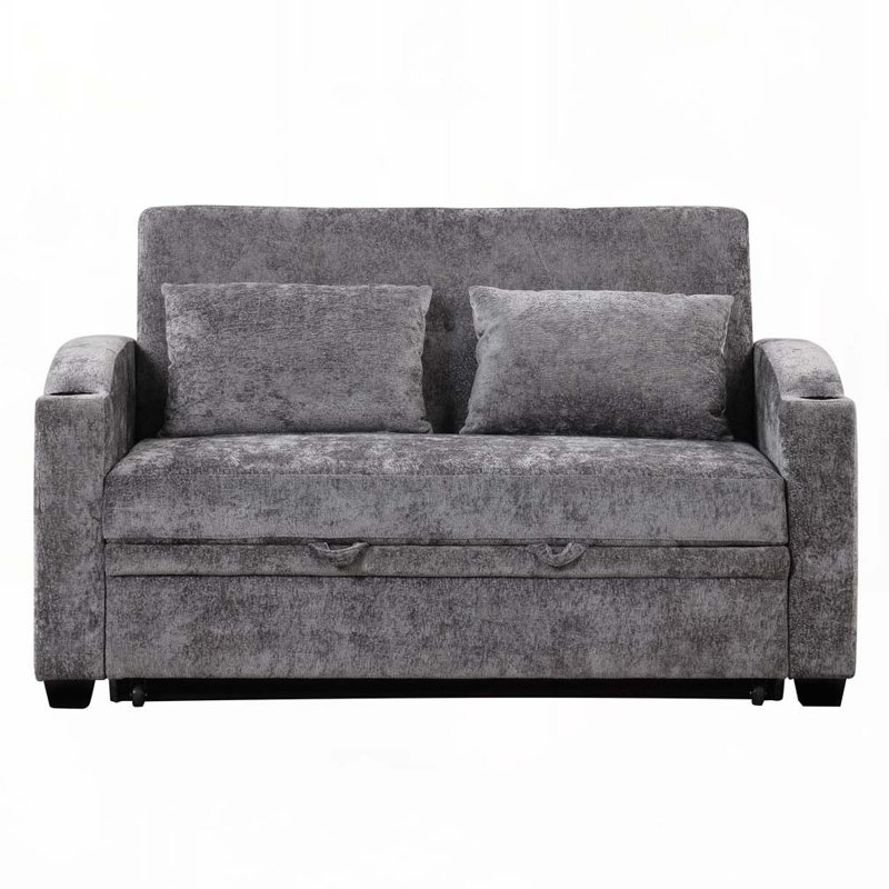 Causeuse convertible en chenille 61,6 po avec dossier réglable, 2 coussins, porte-gobelets, ports USB, Gris