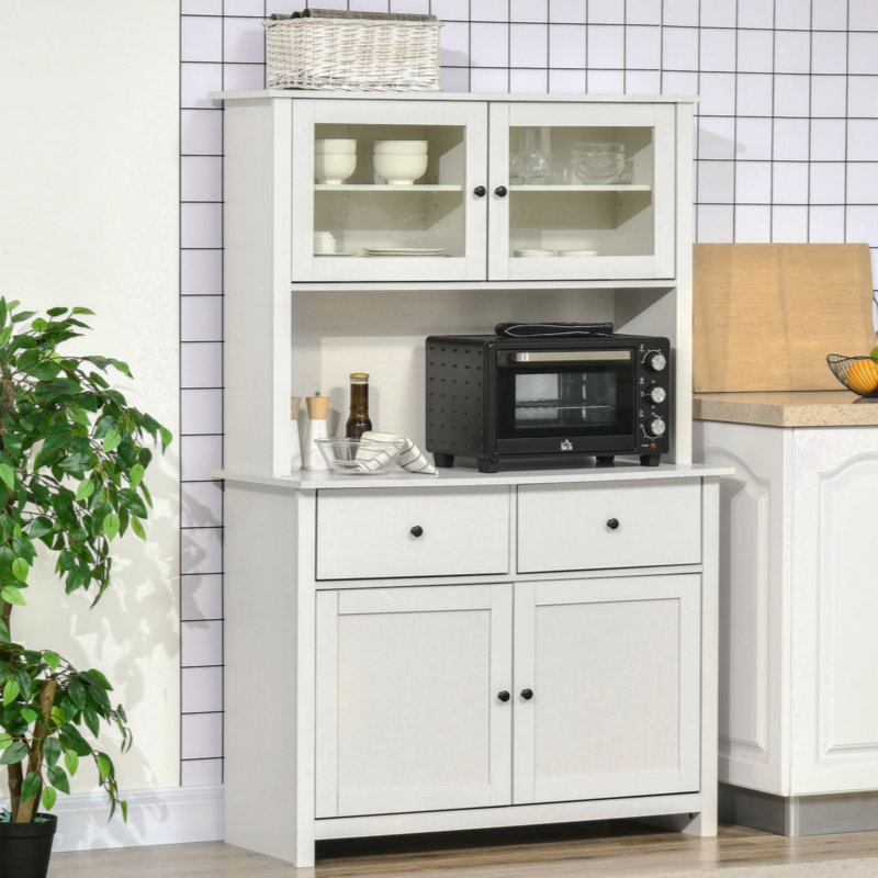  Garde-manger Avalie, buffet de cuisine de 63,5 po avec huche, armoire de rangement pour garde-manger avec 4 tablettes, tiroirs, portes en verre encadrées, comptoir à micro-ondes ouvert