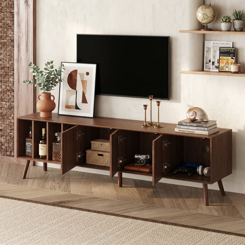 Meuble télé 68 po Mid-Century, console multimédia pour téléviseur de 75 po ou moins, panneau de fibres à densité moyenne de haute qualité avec 5 pieds en bois massif pour le salon et la chambre à coucher