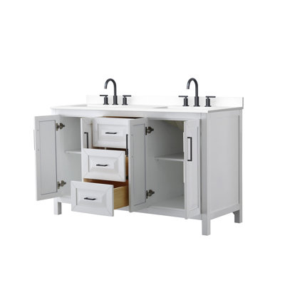 Daria 60 Inch Double Bathroom Vanity in White, White Cultured Marble Countertop, Undermount Square Sinks (3-Hole), Matte Black Trim