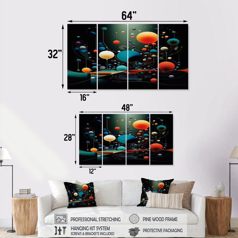 Orbital Harmony Retro Geometrics - Ensemble de décoration murale paysage abstrait 4 pièces, H 28 po x l 48 po