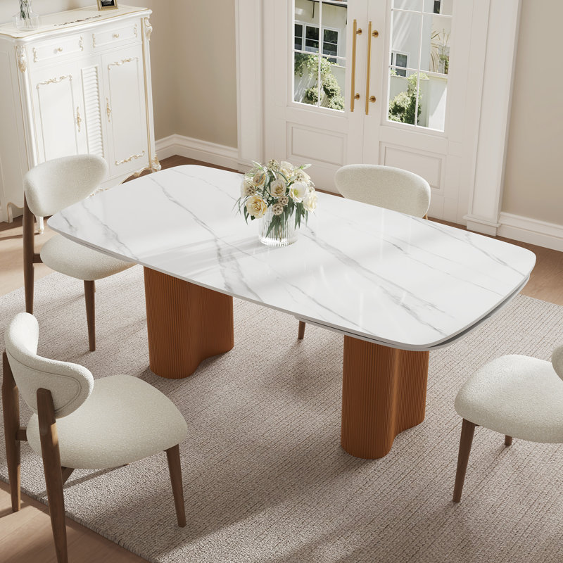 63-94.5" Modern Extendable Retangular Dining Table For 4-10, Sintered Stone Table Top, With Brown Wood Double Base, White