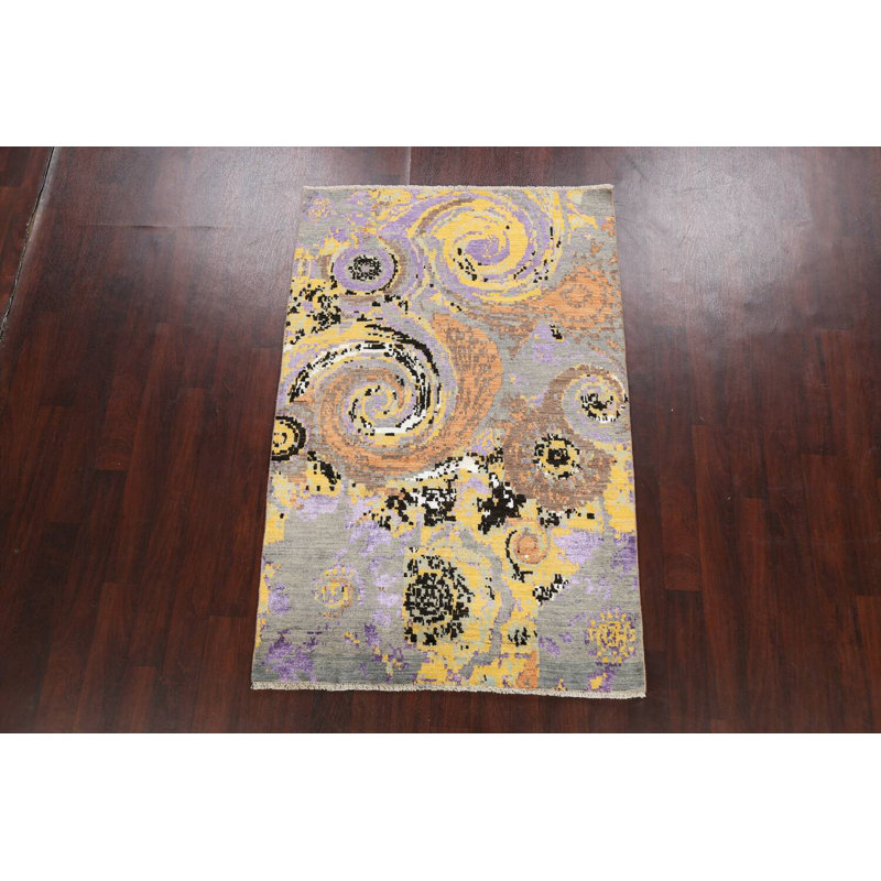 Tapis unique pêche / mauve / doré / brun noué à la main de conception unique 4 pi 2 po x 6 pi 3 po