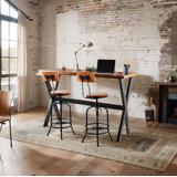 3-Piece Table & Chairs Set,  Bar Dining Cafe Pub Party, Industrial Black Metal & Rustic Brown Wood, X-Leg Rectangular Table, 2 Swivel Adjustable Barstools With Backrest