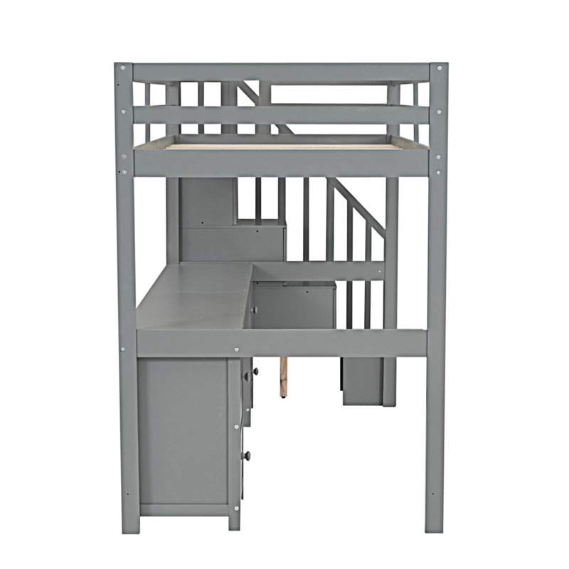 Structure de lit mezzanine avec bureau intégré et tiroirs de rangement doubles, Gris