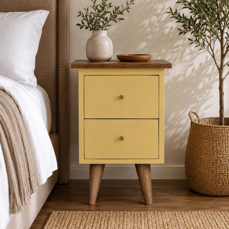Berumen 35cm W Solid Wood Bedside Table, Brown, Yellow