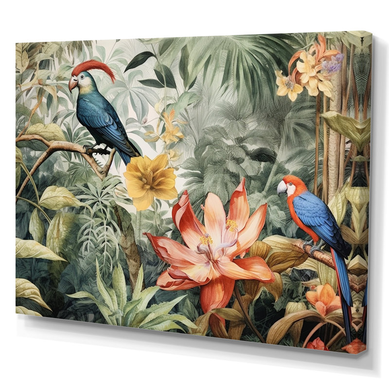 Perroquet au paradis II - Art encadré, H 34 po x l 44 po x P 1,5 po, Toile tendue