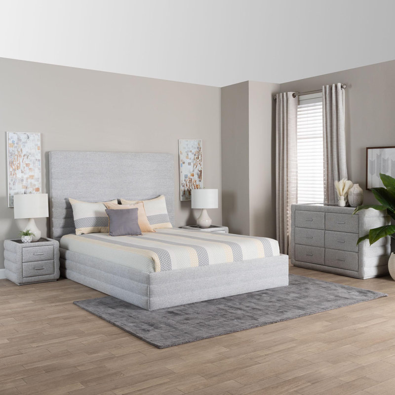 Attina Baxton Studio Cadmus Modern Light Grey Channel-Tufted Fabric 4-Piece Bedroom Set, King