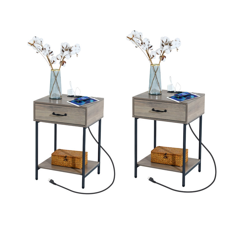 Demika 1 - Drawer Iron Nightstand in Gray, (2 Pack)