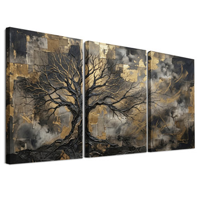 Ensemble de 3 toiles murales représentant un arbre nu à la feuille d'or et aux racines apparentes