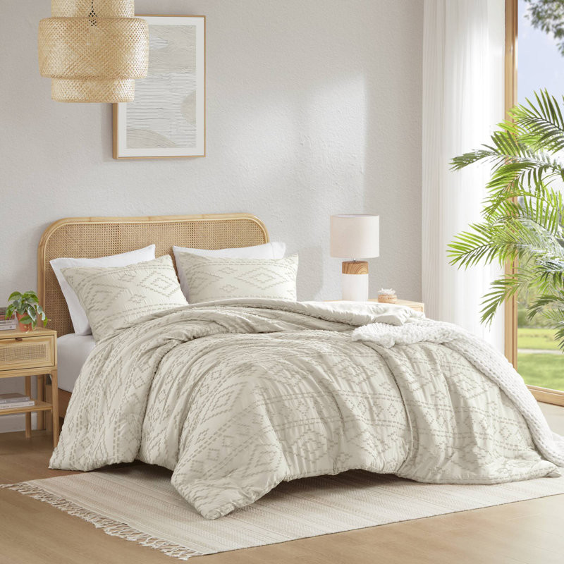 Gigi Clipped Jacquard Tufted Comforter Set, Beige, Full / Double Comforter + 2 Standard Shams