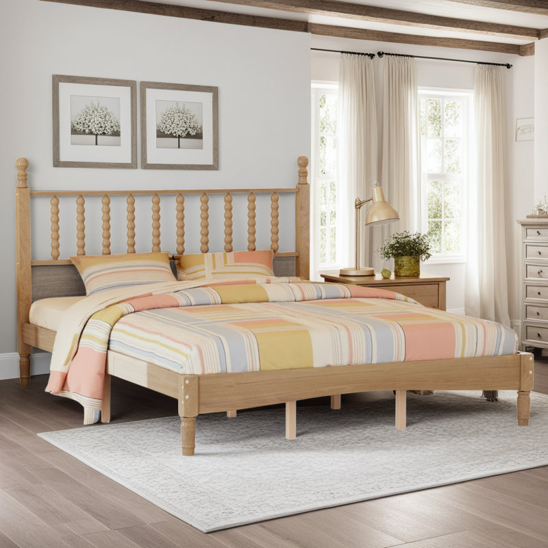 Grand lit plateforme rétro en bois robuste avec tête de lit en forme de gourde, finition naturelle
