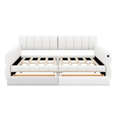 Queen Size Upholstered Platform Daybed With Two Storage Drawers, Lambswool Upholstered Bed Frame With USB, No Box Spring Needed by Latitude Run