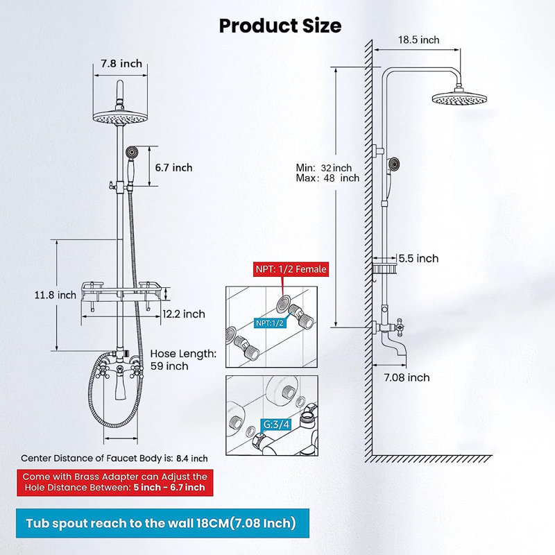 Antique Brass Shower Faucet Bathroom Shower Faucet Set 8" Rain Shower Head Handle Shower Waterfall Bathtub Spout Wall Mounted Outdoor Shower System with Shower Shelf