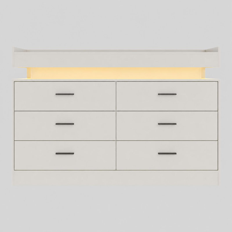 Commode 6 tiroirs avec bureau flottant et armoire de rangement avec prise de courant avec lumières à DEL, commode large avec station de charge, rangement pour chambre à coucher, garde-robe, salon