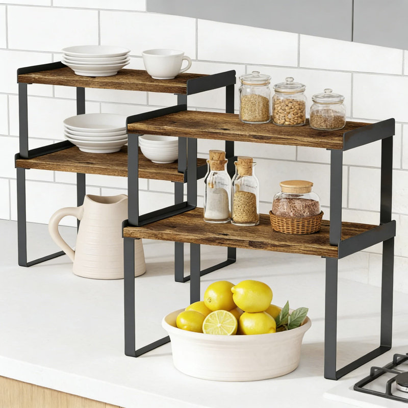 Ensemble de rangement pour tablette extensible, tablette de rangement empilable avec rebord pour la cuisine, la salle de bain et le bureau, maximise l'espace vertical, la fabrication robuste en bambou et en métal