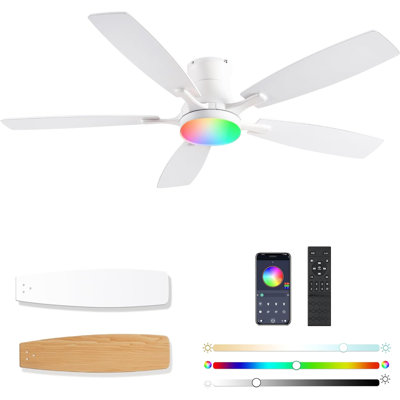 Ventilateurs de plafond avec lumières, ventilateur de plafond à profil bas RVB 54 pouces avec lumière et télécommande, à intensité variable, moteur à courant continu réversible, silencieux, 6 vitesses, ventilateur de plafond encastré pour le sal