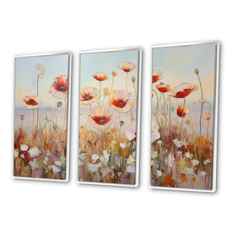 Ensemble de décorations murales coquelicots rouges et dorés, Cadre flottant blanc, H 40 po x l 60 po x P 1 po