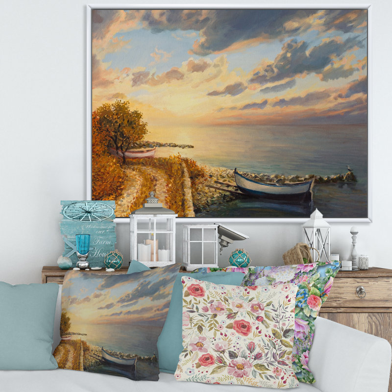 Lever de soleil romantique au bord de la mer - Peinture sur toile, H 24 po x l 32 po x P 1 po, Cadre blanc