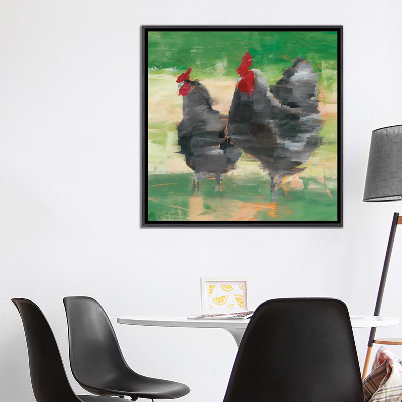 « Black Rooster & Hen II » par Ethan Harper, reproduction d’art, H 37 po x l 37 po x P 1,5 po, Encadrement noir décoloré