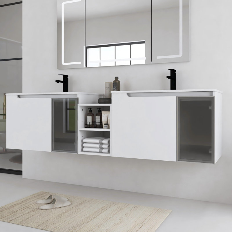 Ensemble de meuble-lavabo mural double 72 po avec lavabo en céramique et petite tablette de rangement 72 po, 72"