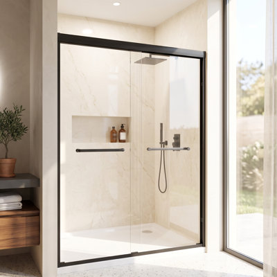 Porte de douche coulissante double 127-137 cm (L) × 183 cm (H), cadre en aluminium noir mat, verre trempé avec pellicule anti-explosion de 6 mm et poignée en acier inoxydable