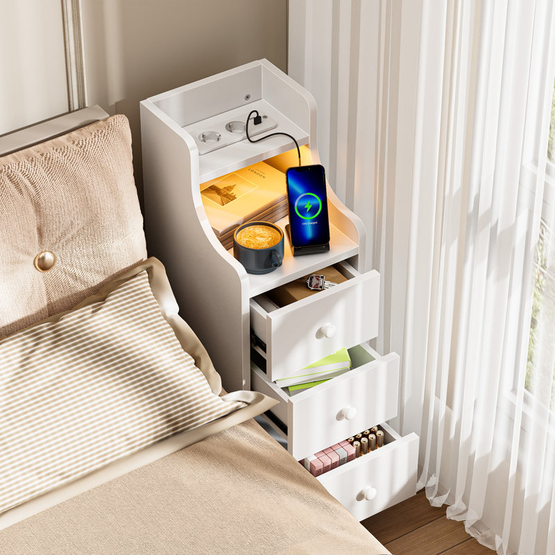 Narrow Bedside Cabinet with 3 Drawers & 2 Open Shelves, White-Brown Slim Nightstand with RGB LED Light & UK Charging Station 2AC/2USB, Wooden Corner Side Table for Bedroom Living Room Sofa Side, UK Plug